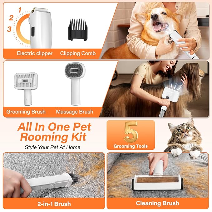 Dog Grooming Kit, 12000Pa Strong Pet Grooming Vacuum for Shedding with 5 Pet Grooming Tools for Dogs and Cats,1.5L Large Capacity, Black