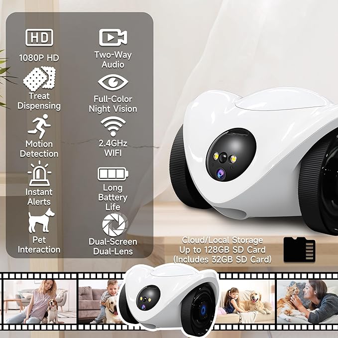 Pet Camera Treat Dispenser, Movable Pet Robot Cam with Phone App, 1080P Indoor Security Camera for Dog/Cat/Home Monitoring+32G SD Card, 2-Way Talk, Night Vision, Motion Detection (2.4GHz WIFI Only)