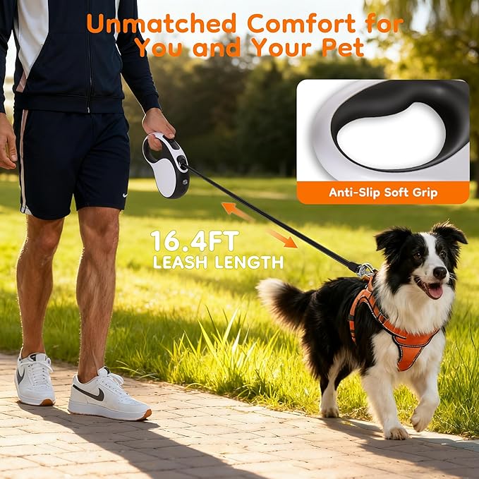 Retractable Dog Leash for Large Dogs with LED Light, 16.4ft Long Pet Leash up to 110lb Pull, 360° Tangle-Free One-Button Control for Small & Large Dogs & Cats, with Charging Cable, White