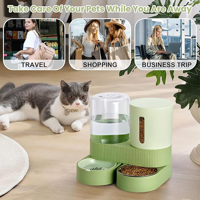 2 Pack Automatic Cat Feeder Stainless Steel Water Dispenser Gravity Food Feeder and Waterer Set with Pet Food Bowl for Small Medium Kitten Puppy Pets Large Capacity(Green)