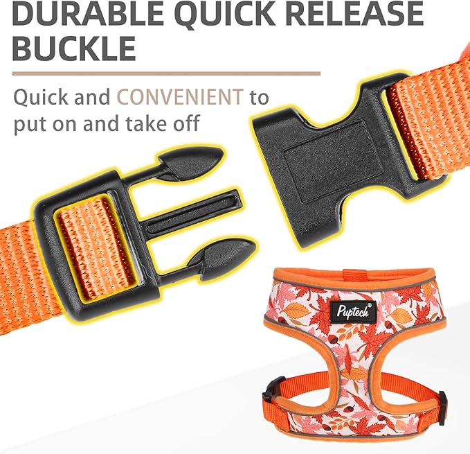 PUPTECK Soft Mesh Dog Harness and Leash Set Pet Puppy Cat Comfort Padded Vest No Pull Harnesses, Orange Leaf, S