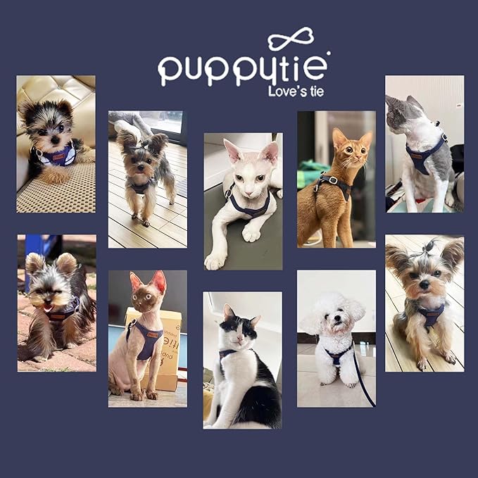 Puppytie No Pull XXS Puppy Harness with Multifunction Dog Leash,Soft Adjustable No Choke Escape Proof Pet Harness Vest,Navy,XXS