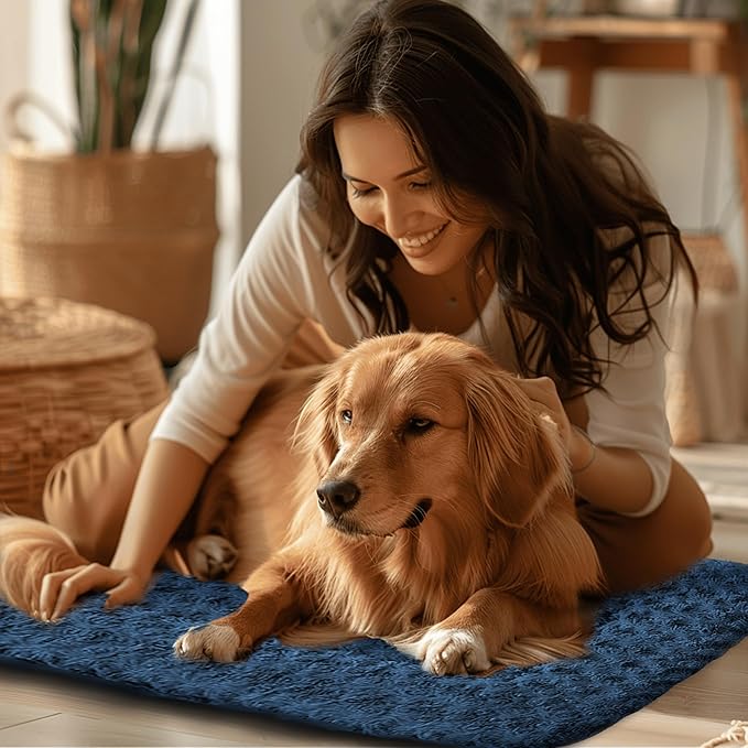 Washable Dog Bed Plush Orthopedic Outdoor Crate Mat with Non-Slip Bottom,Luxe Soft Kennel Pad for Pets, Cozy Cage Cushion & Pet Sleeping Mattress Large Sized,Medium,Small Dogs,36 x 24 inch,Blue