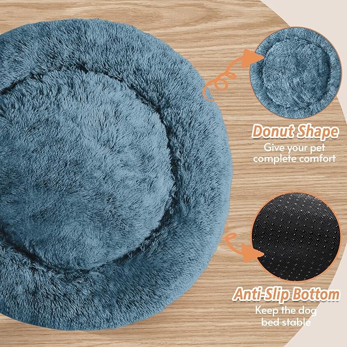 JOLLYVOGUE Calming Dog Bed for Small Dogs - 23 inches Donut Washable Small Dog Bed for Kittens & Puppies, Anti-Slip Round Fluffy Plush Faux Fur Cat Beds (Fits up to 25 lbs Pets, Blue)