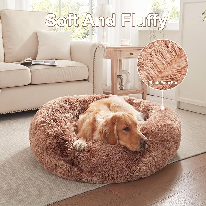 36 inches Donut Dog Bed for Large Dogs - Calming Fluffy Round Pet Bed with Removable & Washable Cover,Fits up to 80 lbs Pets (Tie-dye Brown,Large)