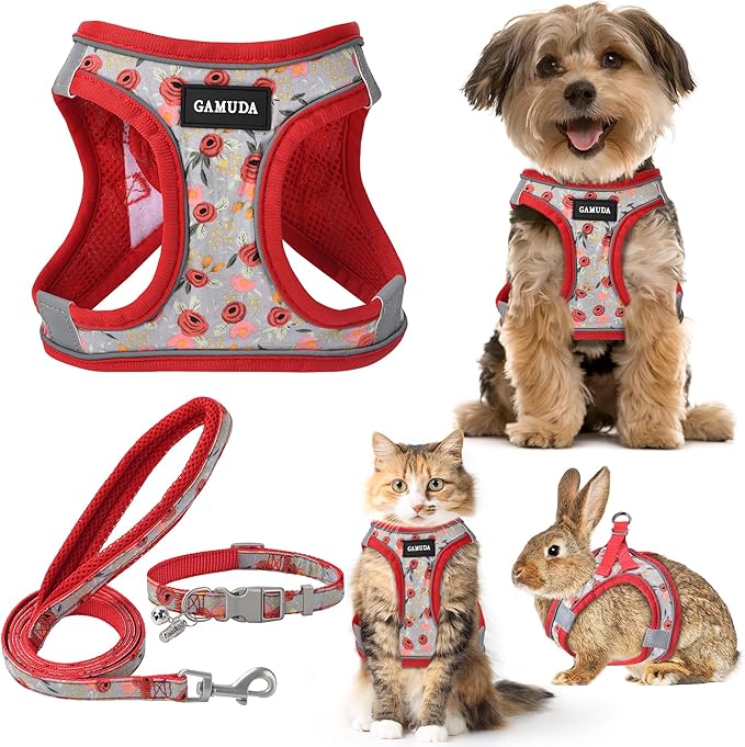 GAMUDA Small Dog Harness Collar and Leash Set, Step in No Chock No Pull Soft Mesh Adjustable Dog Vest Harnesses Plaid Reflective for Dogs Puppy Cats Kitten Rabbit (Red Flower, M)