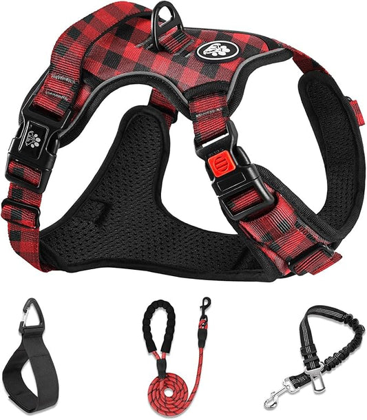 NESTROAD No Pull Dog Harness with Leash, Reflective No Choke Pet Vest Harness,Adjustable Soft Padded Dog Harness with Easy Control Handle for Large Dogs(Checkered Red,X-Large)