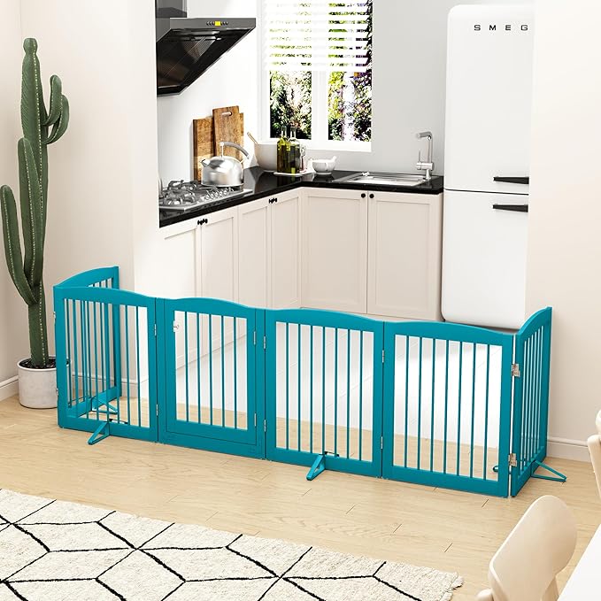 Freestanding Pet Gates with Walk Through Door, Dog Indoor Fence, Dog Gate for The House, Doorway, Stairs, Extra Wide Pet Gate, Support Feet Included, 120 Inch Wide, 6 Panels 24" Tall, Blue