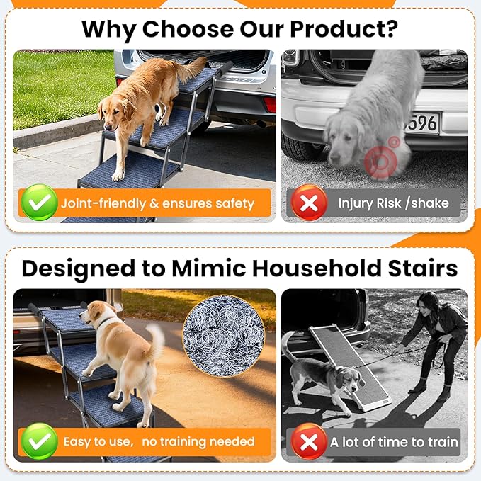 Dog Stairs for Car, 42''x 17'' Extra Wide Dog Stairs for Large Dogs to 250 LBS, Portable Dog Steps with Removable Non-Slip Surface, 4 Steps Foldable Dog Ramp for Car, SUV, High Bed/Couch