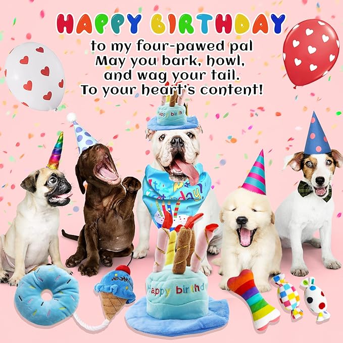 Dog Birthday Toy Set, 9Pcs Plush Pet Toy for Small Dogs, Includes Squeaky Cake Hat, Bandana, Dessert Themed Toys, Balloons, for Dog Birthday Party
