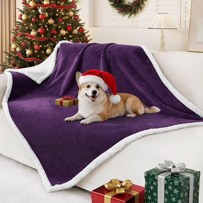 Smiry Waterproof Blanket Throw for Large Dogs, Soft Reversible Dog Blanket for Sofa Couch Bed, Washable Leakproof Sherpa Fleece Furniture Couch Protector(50"x60", Dark Purple/White)