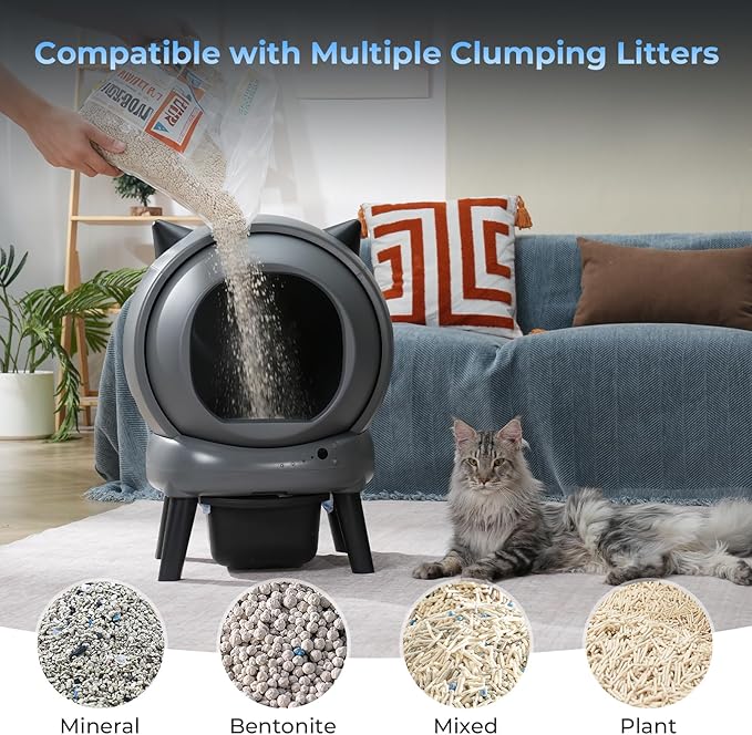 Self Cleaning Litter Box for Cats, Automatic Cat Litter Box with Smart APP Control and Health Monitoring, Includes 2 Roll Trash Bag & Litter Mat, Grey