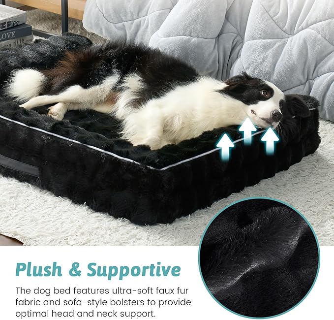 Faux Fur Orthopedic Dog Bed, Extra Large Dog Bed, Supportive Foam Pet Sofa with Waterproof Lining Cover, Washable U-Shaped Pet Couch with Anti-Slip Bottom Design, Black XXL 48x32x8 inch