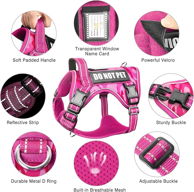 Tactical Dog Harness and Leash Set Small Sized Dog,Heavy Duty No Pull Service Dog Vest and 10 Patches with Dog Seat Belt,Reflective Pet Harness for Training Walking Hiking Camo Pink S