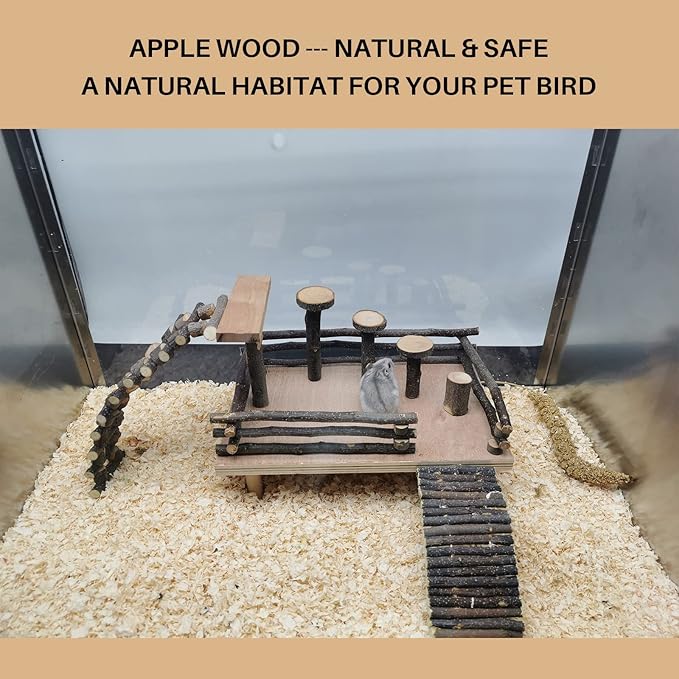 HOSUKKO Hamster Climbing Toys - Wooden Activity Set with Large Bridge, Apple Wood Chewing Toys for Small Pets