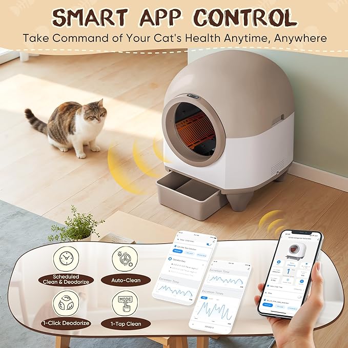 GUNJI Automatic Self-Cleaning Litter Box, 90L Large Capacity for Multiple Cats - APP Controlled with Safety Protection, Included Litter Mat & 1 Roll Garbage Bags (Brown)