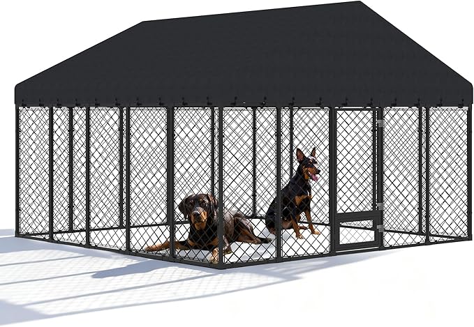 10 × 10 ft Heavy-Duty Outdoor Dog Kennel with Roof – Large Weather-Resistant Metal Dog Enclosure Playpen for Big Dogs with Double-Lock Feeding & Swivel Door