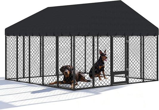 10 × 10 ft Heavy-Duty Outdoor Dog Kennel with Roof – Large Weather-Resistant Metal Dog Enclosure Playpen for Big Dogs with Double-Lock Feeding & Swivel Door