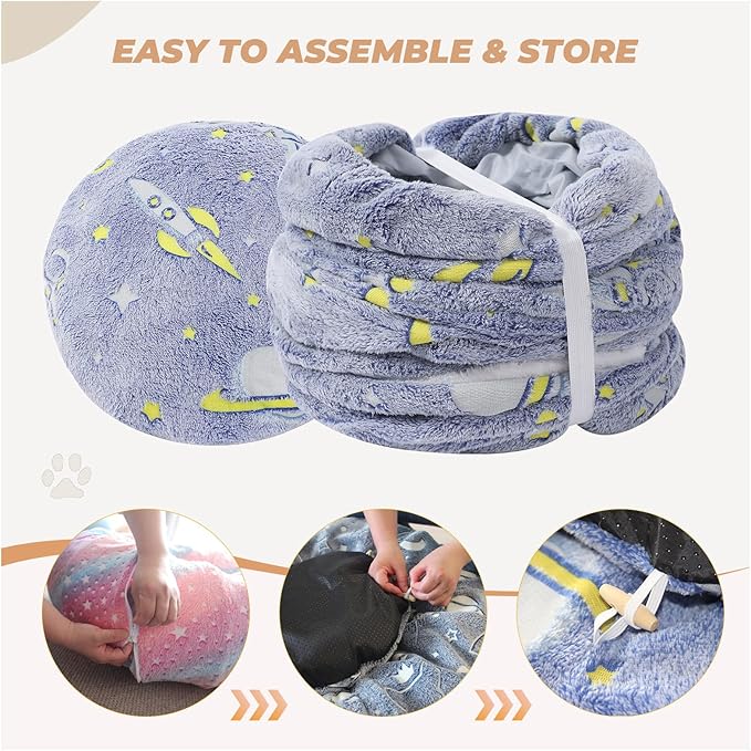 Under Christmas Tree Large Cat Tunnels Bed Tube for Indoor Cats Glows in The Dark Cat Tunnel with Cushion and Plush Ball Toy Toys for Dog Puppy Kitten Rabbit Bunnies Ferret Pet Blue