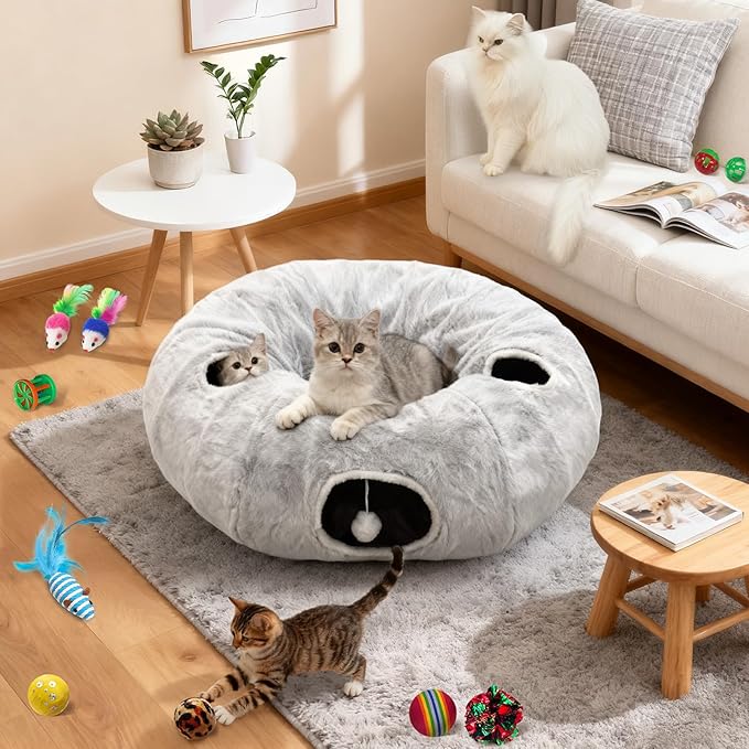 4-Holes Cat Tunnel Bed for Indoor Cats, Plush Donut Play Tunnel with Removable Cushion, Cats Hideout Play Bed with 11 Cat Toys, Cozy Round Cat Cave for Multiple Cats, Kitten/Puppy/Rabbit(Grey)