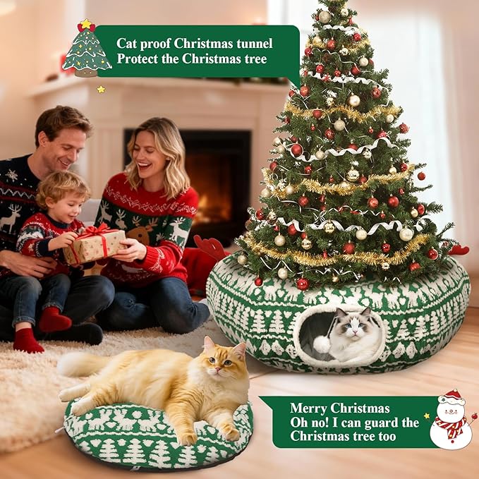 Christmas Tree Cat Tunnel, Cute Cat Tunnel Christmas Tree Skirt with Washable Mat, Hanging Ball, Soft Plush Pet Donut Tube Bed Play Gifts, Xmas Decor for Indoor Kitten, Rabbit, Puppy