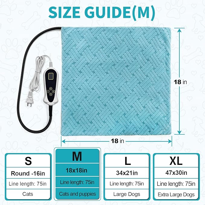 Cat Heating Pad, 18x18 in Pet Heating Pad for Dogs and Cats, Heated Cat Bed with Chew Resistant Cord, Temperature and Timer Adjustable Controller, Soft Plush Cloth Cover