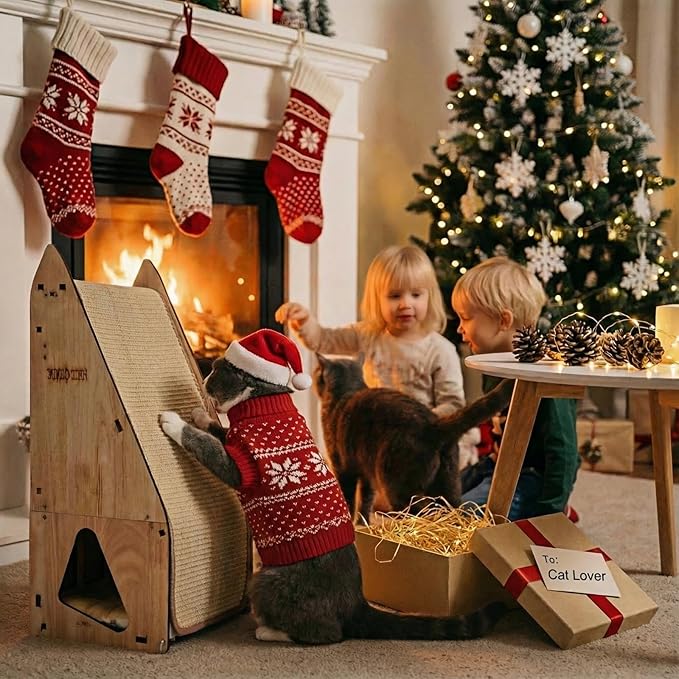 Wood-Framed Cat Scratching Post: Modern Sisal Scratcher Furniture, Integrated Cat Scratch Post Pad Condo Tunnel House Bed. All-in-One Space Saver for Multi-Cat & Budget-Friendly Homes (32in)