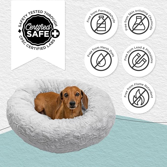 Best Friends by Sheri The Original Calming Donut Dog Bed – Washable Plush Pet Bed for Cats & Small Dogs up to 25 lbs, Lux Faux Fur, Gray, Small (23" x 23")
