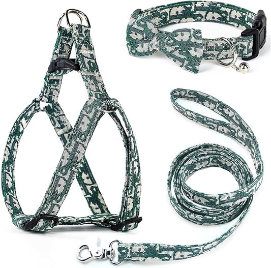 Dog Collar and Harness with Leash Set, Premium Breathable Harness for Girl Boy Dogs, No Pull Easy Walking Pet Harness, Green, L