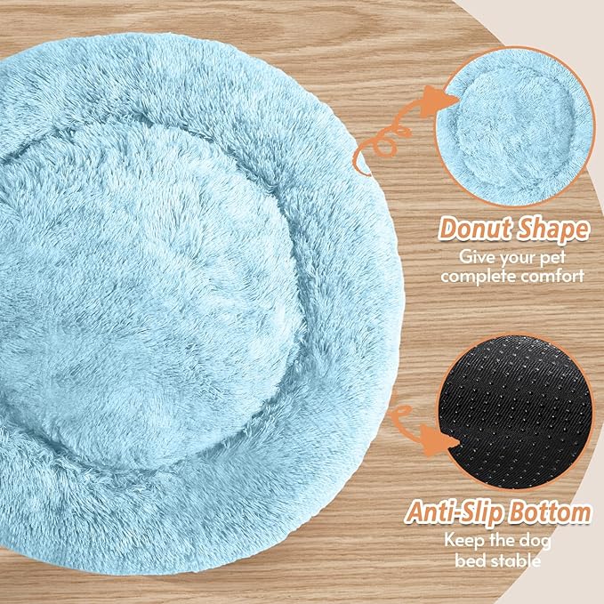 JOLLYVOGUE Calming Small Dog & Cat Bed for Indoor Cats - 20 inches Washable Donut Bed for Kittens & Puppies, Anti-Anxiety Round Fluffy Plush Pet Beds (Fits up to 15 lbs, Light Blue)