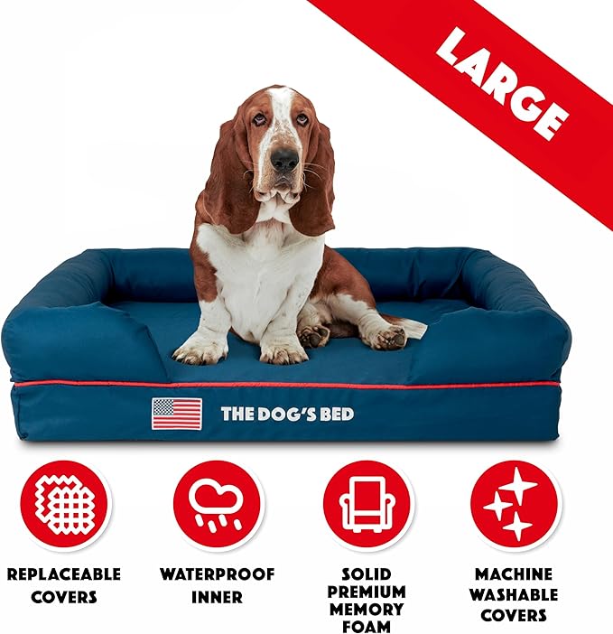 The Dog’s Bed, Large Blue Oxford with Red Trim USA Flag Dog Bed Memory Foam, Pain Relief: Arthritis, Post Surgery, Lameness, Supportive, Calming, Waterproof Washable Cover, Veterinary Approved