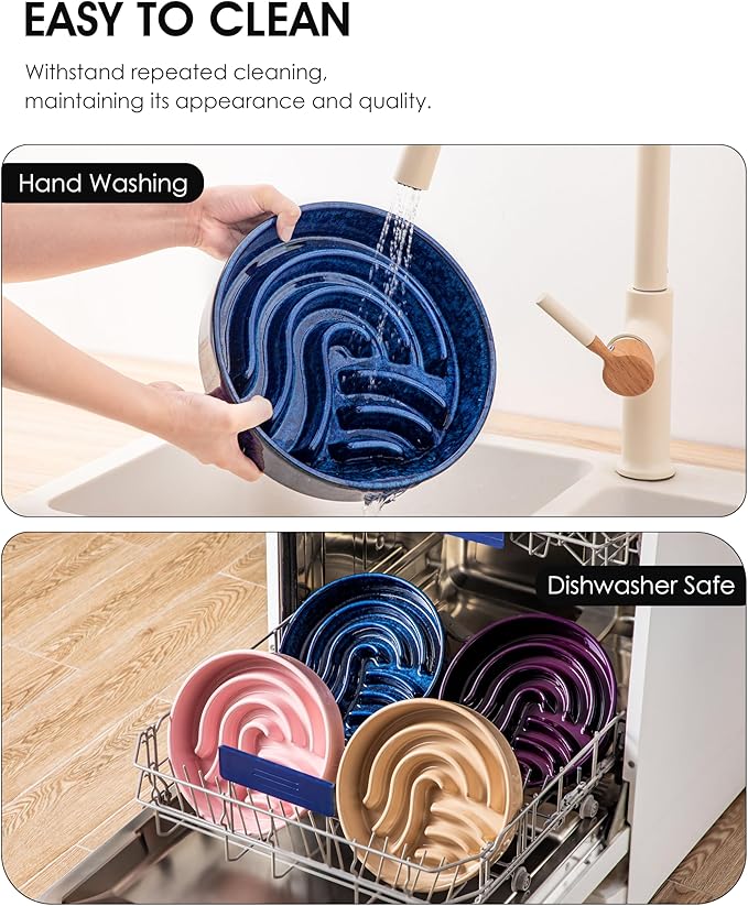 vancasso Slow Feeder Dog Bowl, 3 Cup Ceramic Slow Feeding Food Dish for Large Breed, Puzzle Dog Food Bowl for Fast Eater, Blue