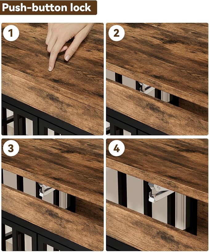 43 Inch Dog Crate Furniture, Heavy Duty Dog Kennel with 3 Doors, 2 Adjustable Bowls and Lockable Wheels, Wooden Dog House for Large Dogs, End Table Dog Cage, Rustic Brown