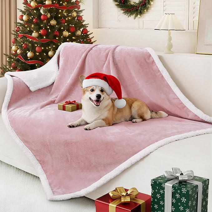 Smiry Waterproof Blanket Throw for Large Dogs, Soft Reversible Dog Blanket for Sofa Couch Bed, Washable Leakproof Sherpa Fleece Furniture Couch Protector(50"x60", Pink/White)