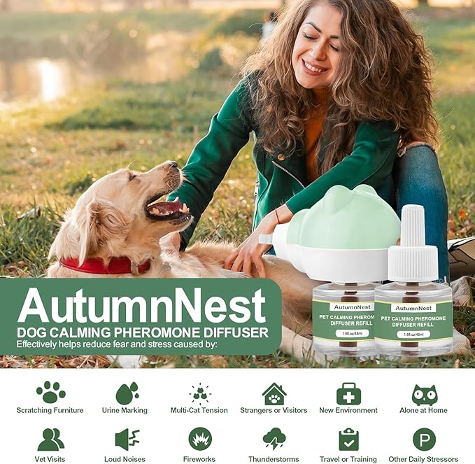 Dog Calming Diffuser Plug-in with Gentle Night Glow, 3 Refills Kit for Behavioral Support, Stress Soothing Aid for Pets During Travel, Thunder, Vet Visits, Fireworks, Safe Formula, 90 Days Supply