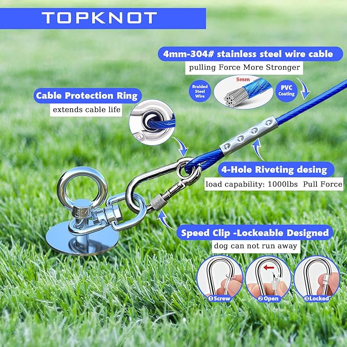TOPKNOT 15FT Heavy Duty Stainless Steel Dog Tie Out Cable and Stake, 360 Swivel Dog Run, Rust Proof, Holds 2 Dogs Up to 200LBS, Ideal for Outdoor Camping and Yard Use