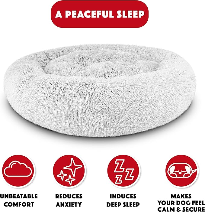 The Dog’s Bed Donut Large Dog Bed, Sound Sleep, Ice White Fur Calming Nest Bed, Veterinary Approved
