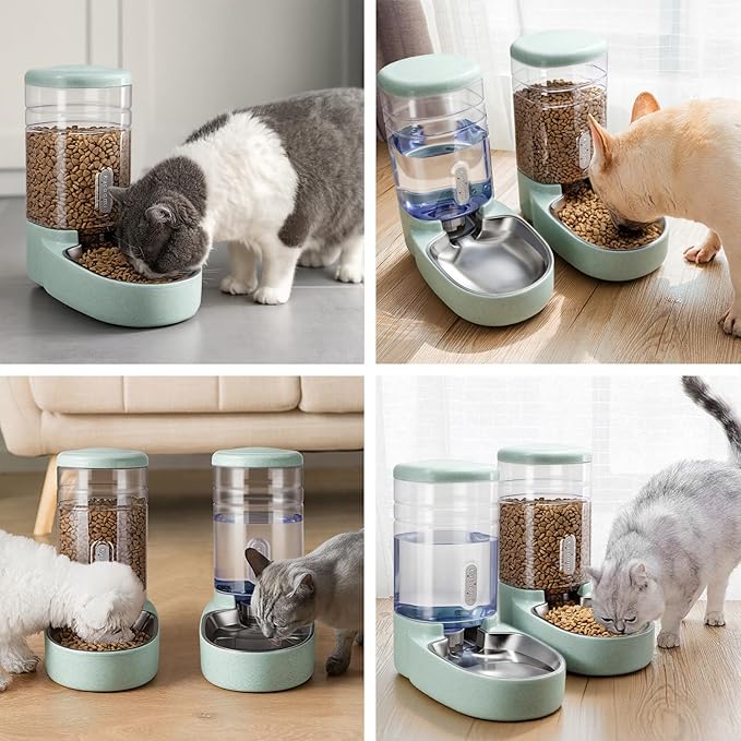 Automatic Cat Feeder and Water Dispenser with Stainless Steel Bowl Gravity Food Feeder and Waterer Set for Small Medium Dog Puppy Kitten 1 Gallon x 2(Green)