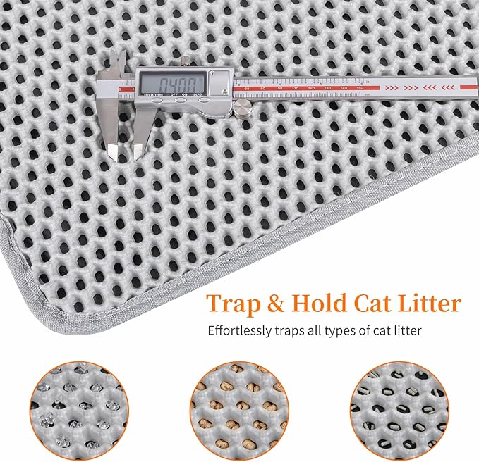 Cat Litter Box Mat for Small Cats, Double Layer Honeycomb Cat Litter Trapping Mats, Waterproof Urine Proof Non-Slip Litter Pad for Indoor Kitty Cat Litter Rug, Easy to Clean Grey (23.6'' x 14.9'')