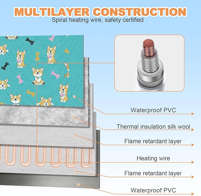 Dog Heating Pad 28x18 in with Thermostat, Heated Cat Bed Mat, Adjustable Temperature&Timer, Waterproof Cat Bed with Chew Resistant Cord