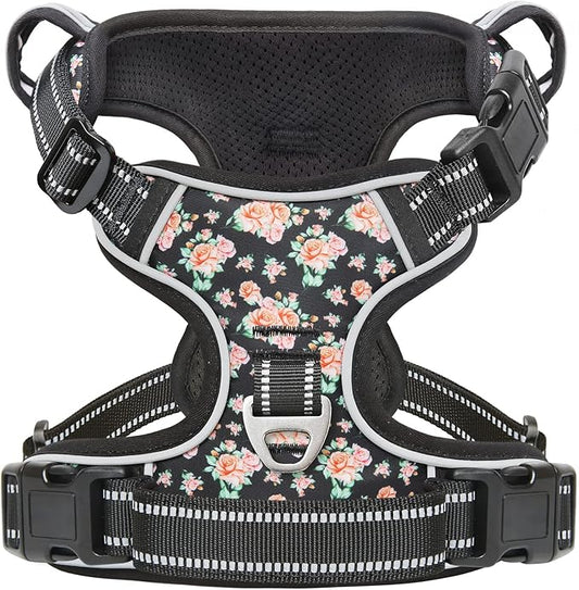 Timos Dog Harness, 3 Snap Buckles No-Pull Soft Padded Dog Vest with 2 Metal Leash Clips,Adjustable Reflective No Choke Pet Harness with Easy Control Handle for Small Dogs,Black Rose,S