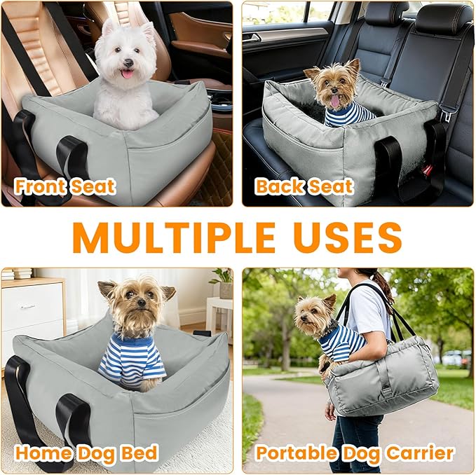 Dog Car Seat for Small Dogs, Large Leather Dog Car Bed with Storage Pocket, Waterproof PVC Leather Booster Seat Travel Bed for Front & Back Seat, Clip-On Safety Leash (Grey)