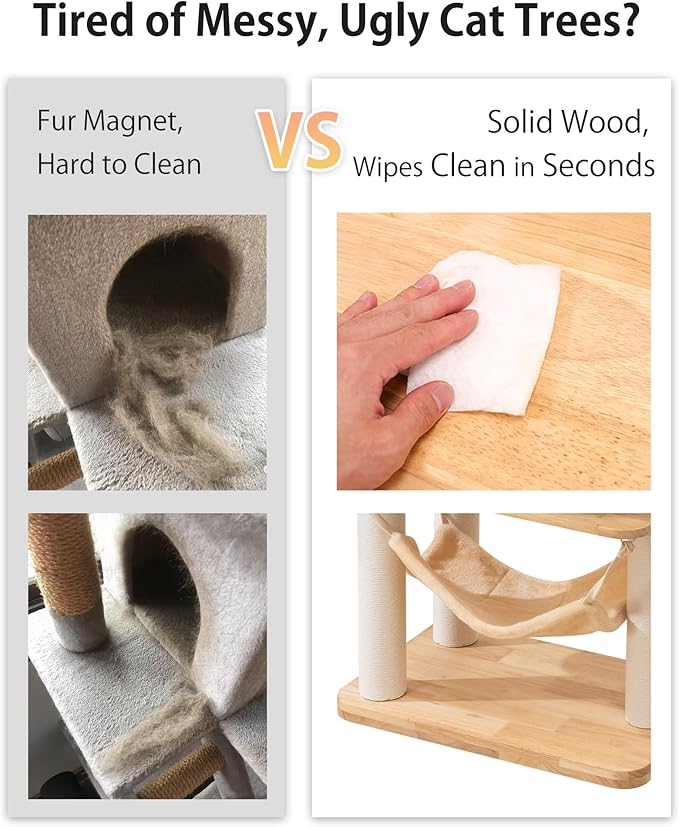 Wood Cat Tree for Large Cat, 57-Inch Tall Cat Tower with Scratching Post for Indoor Cats, Multi-Level Cat Condo with Hand-Woven Cat Bed and Hammock Acrylic Bowl Easy to Clean (DC888)