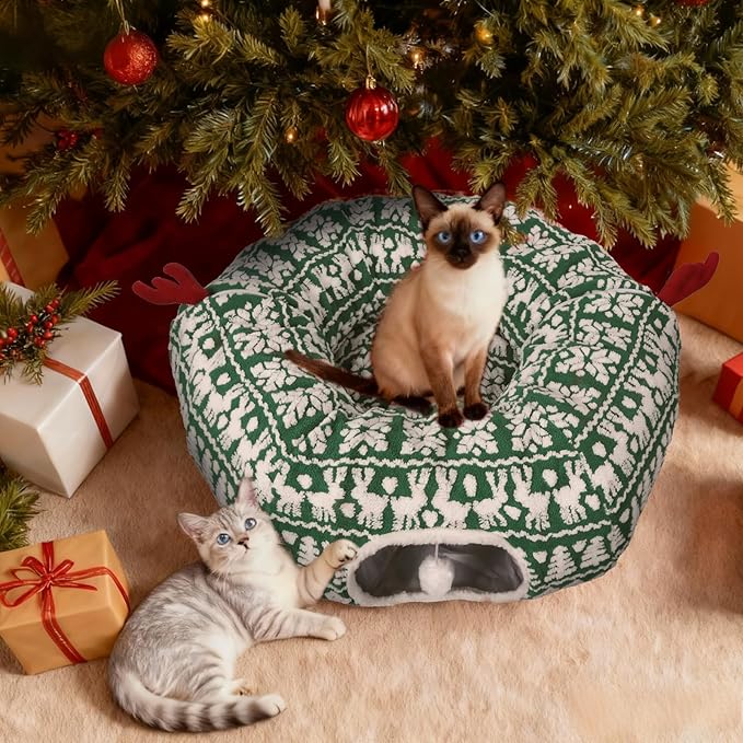 Christmas Tree Cat Tunnel, Cute Cat Tunnel Christmas Tree Skirt with Washable Mat, Hanging Ball, Soft Plush Pet Donut Tube Bed Play Gifts, Xmas Decor for Indoor Kitten, Rabbit, Puppy