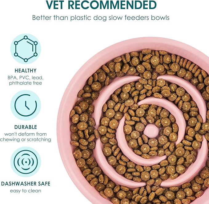 vancasso Slow Feeder Dog Bowl, 0.6 Cups Ceramic Dog Food Dish for Fast Eaters Small Breed, Puzzle Bowl for Small Dogs and Cats, Pink
