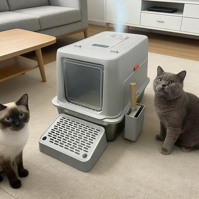 Stainless Steel Litter Box with Smart Odor Control System, XXL Extra Large Enclosed Metal Cat Litter Box with Lid for Kitty&Big Cats, High Sided Enclosure with Scoop & Stairway, Anti-Leakage-Grey