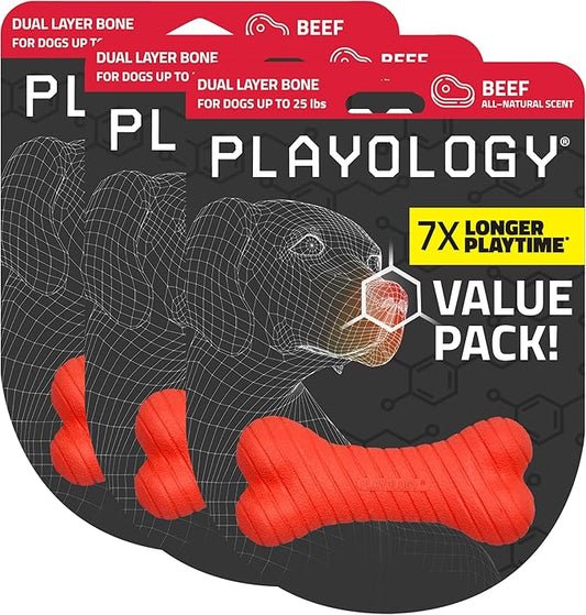 Playology Dog Toys | Dual Layer Bone Durable Chew Toy Bone for Dogs (Value 3-Pack) | Small Beef Scented Toy - Easy to Clean and Made from Non Toxic Materials