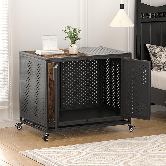 38" Heavy Duty Dog Crate Furniture for Medium and Large Dogs, Enclosed Design with 0.5 inch Holes, Indestructible Metal Kennel for High Anxiety Dogs, Chew Proof Indoor Pet House Cage, Brown
