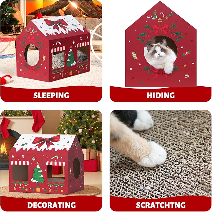 WESTERN HOME Christmas Cardboard Cat House, Indoor Cat Scratcher House (16.5''x12''x15''), Christmas Cats Cardboard Playhouse Hideaway for Small Animals