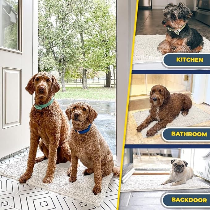 Muddy Mat® Shown on TV – Super Absorbent Microfiber Dog Door Mat for Muddy Paws, Non-Slip Washable Pet Rug, Quick Dry Chenille Entryway Carpet, Machine Washable Indoor Outdoor Doormat, White 59"x35"